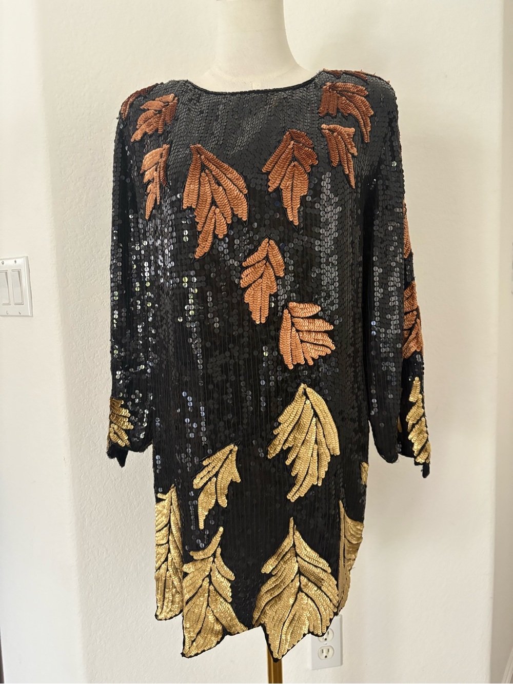 Black Sequin Mini Dress with Gold & Copper Leaf Embroidery